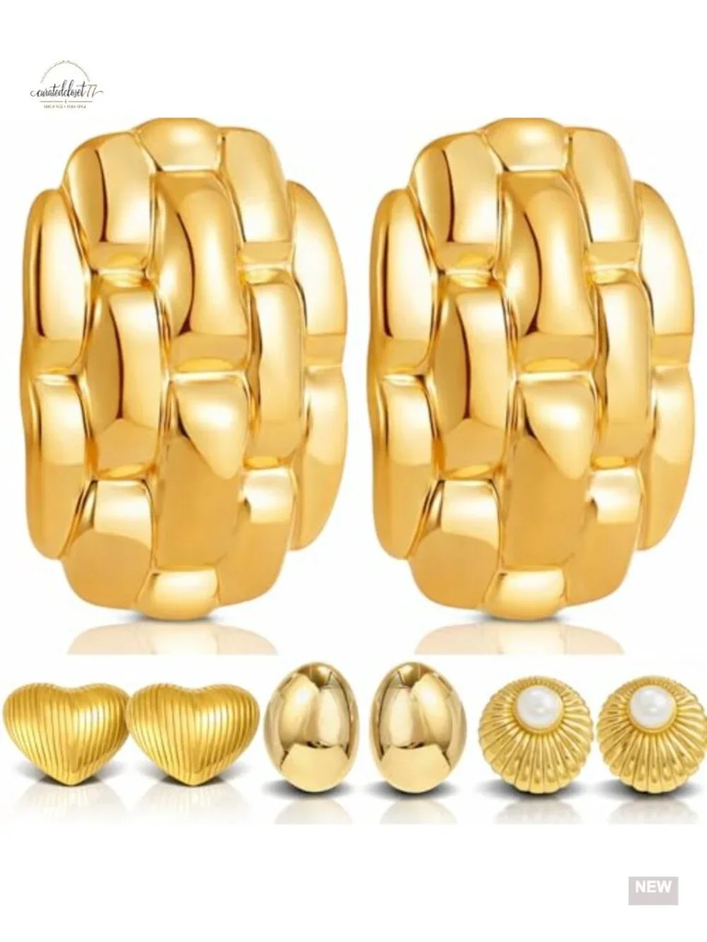 4 Pairs Gold Large Puffy Heart Chunky Stud Statement Earrings Trendy Chunky